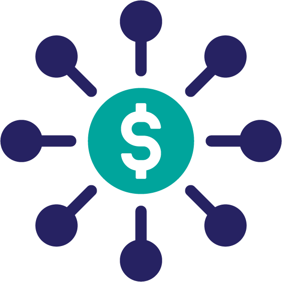 Financial Planning Icon with dollar coin in the center as the hub and spokes shooting out of it